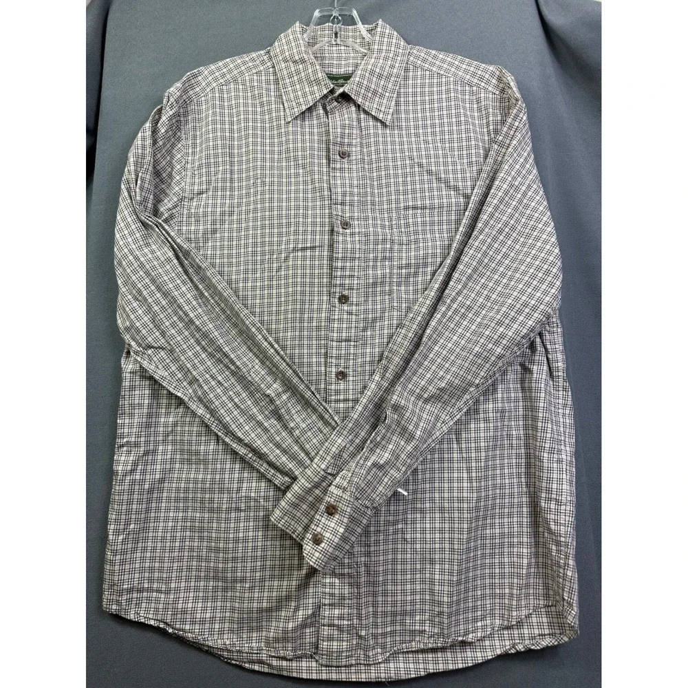 Eddie Bauer Mens Medium Plaid Button Down Shirt Long Sleeve Cotton‎ Brown Blue